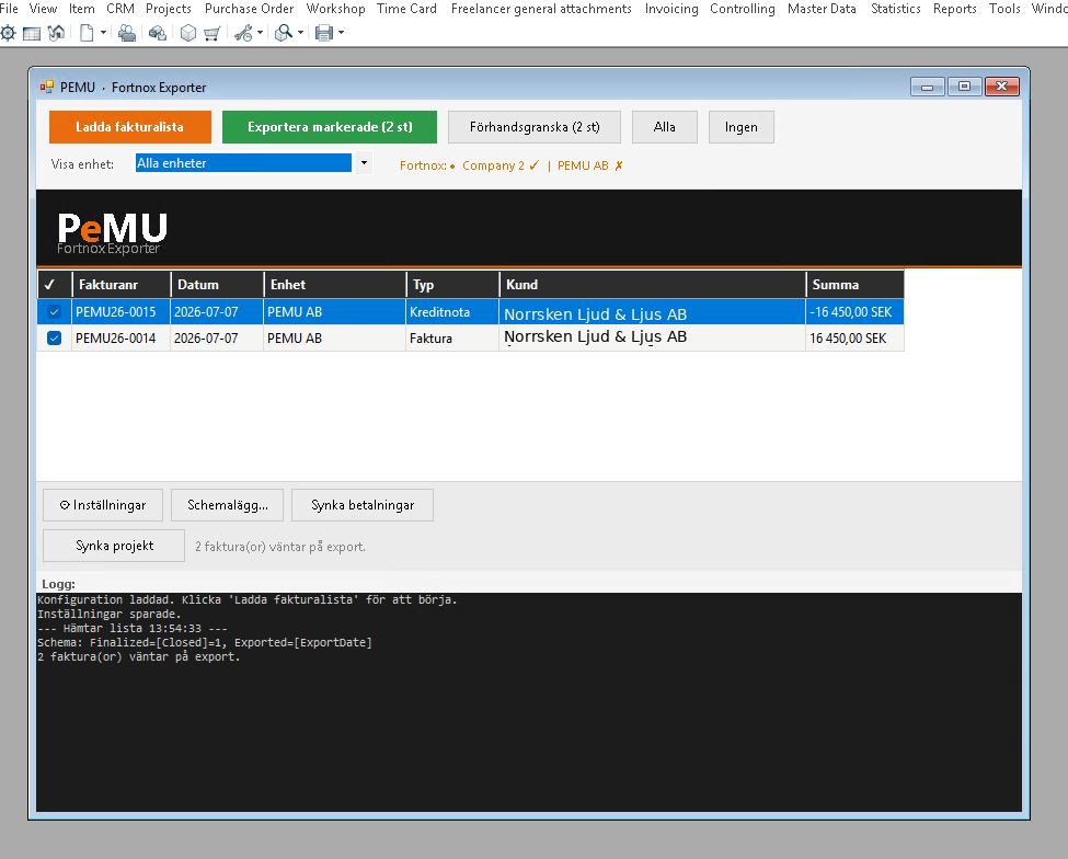 PEMU Fortnox Exporter with invoices ready to export